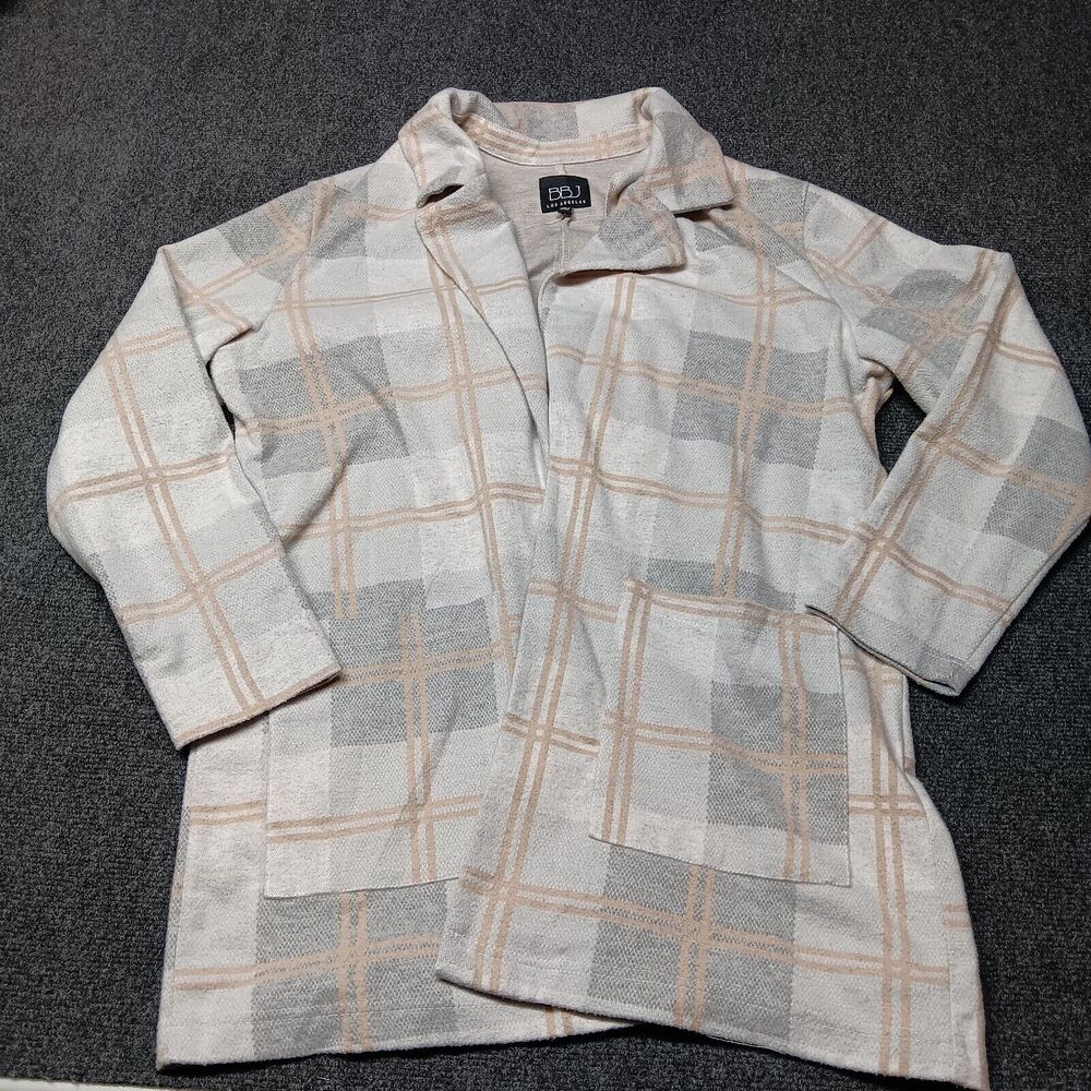 BBJ LA Los Angelas Open Coatigan Women Large Gray Plaid‎ Cozy Soft